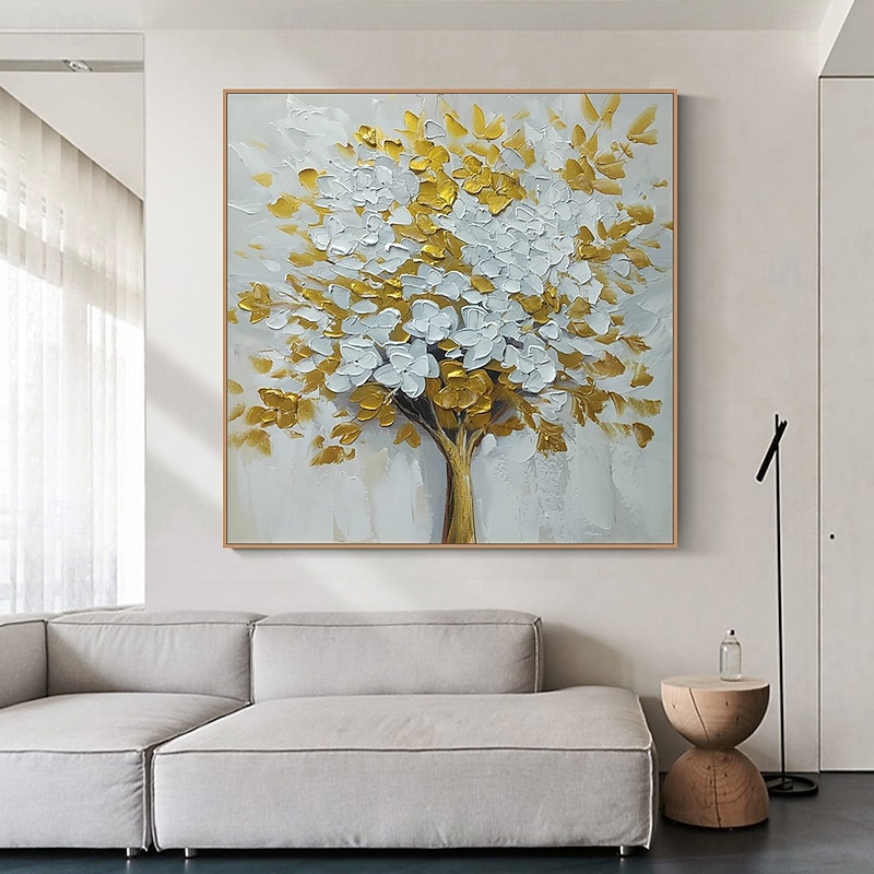 Mintura Handmade Gold Textured Flower Oil Paintings On Canvas Wall Art Decoration Modern Abstract Picture For Home Decor Rolled Frameless Unstretched Painting