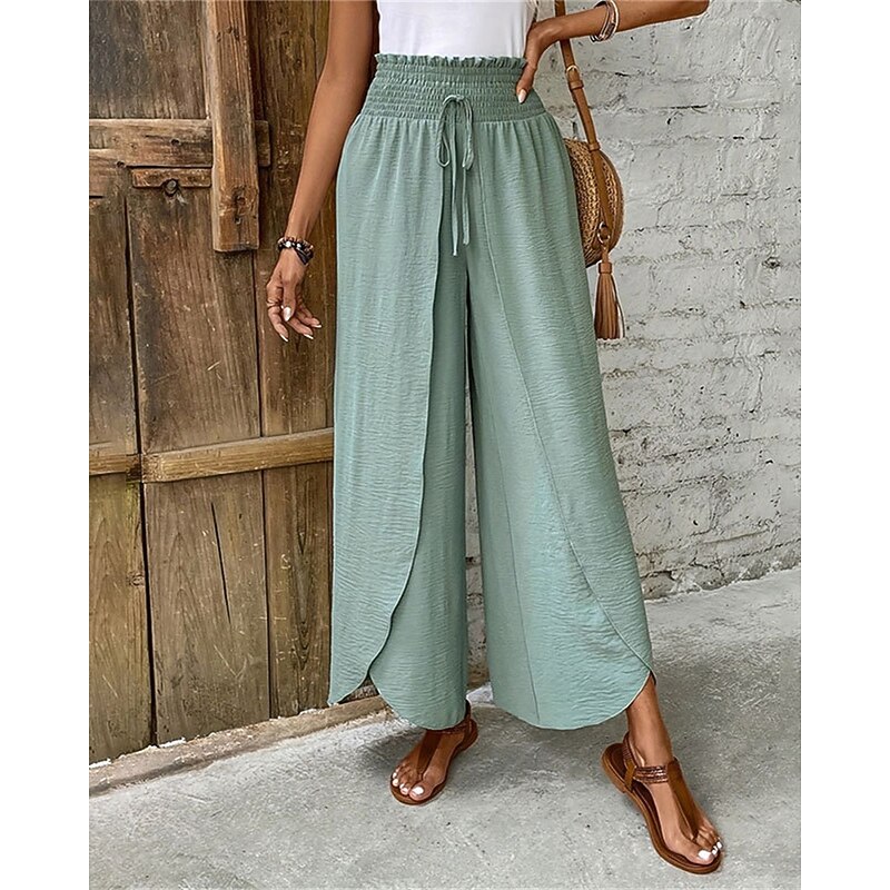 Women's Wide Leg Pants Trousers Palazzo Pants Fashion Streetwear Full Length High Waist Plain Elastic Waist Breathability Comfortable Street Daily Wear Going out Black Army Green Navy Blue Green