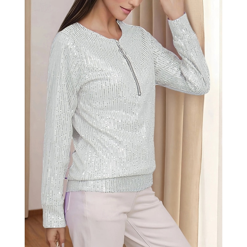Women's T Shirt Tee Top Plain Fashion Modern Long Sleeve Crew Neck Regular Tops Daily Sequins Quarter Zip Black White Yellow Purple Green Spring Fall - Main Image
