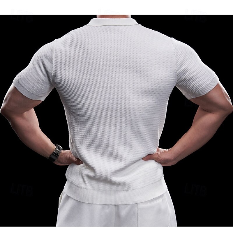 Men's Knit Polo Sweater Golf Shirt Business Casual V Neck Classic Short Sleeve Fashion Textured Novelty Summer Spring Fall Dark Brown Army Green Black White Beige Knit Polo Sweater2