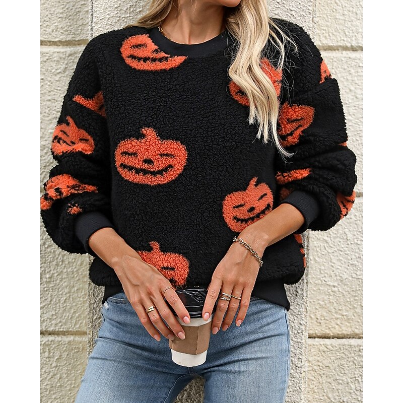 Women's Pullover Sweatshirt Sweatshirts Pumpkin Streetwear Casual Long Sleeve Crew Neck Regular Tops Holiday Going out Print Black Orange Winter2