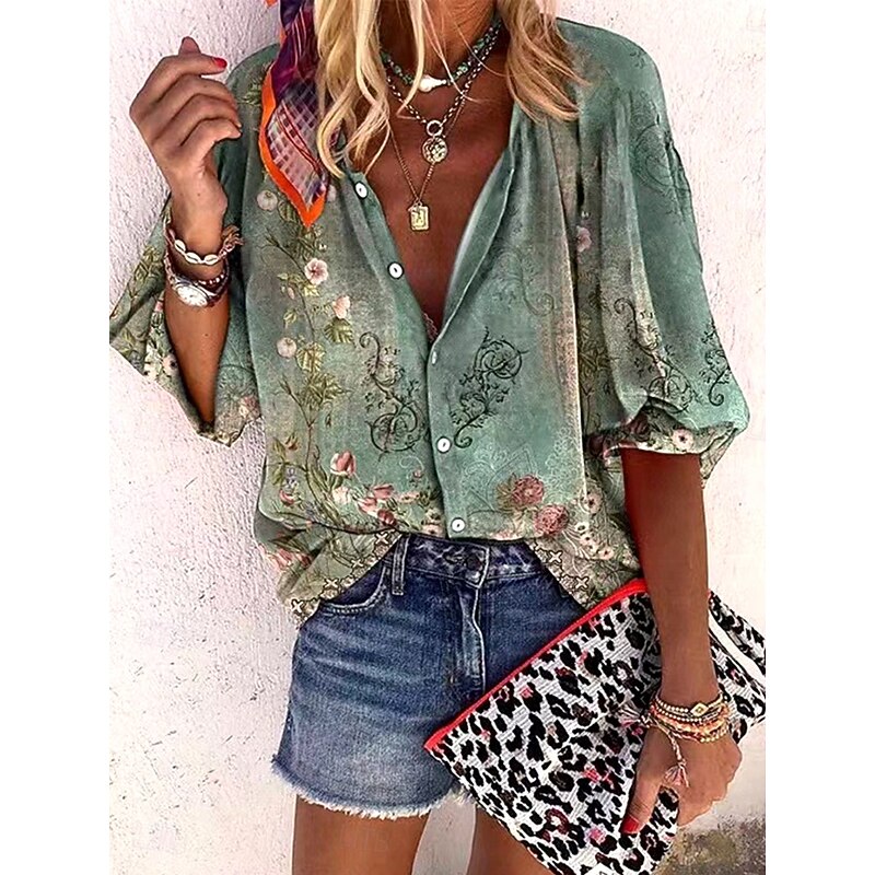 Women's Summer Tops Floral Graphic Bohemia Vintage Daily 3/4 Length Sleeve V Neck Regular Tops Daily Holiday Beach Wear Print Light Green Pink Rose Pink Summer Spring Fall