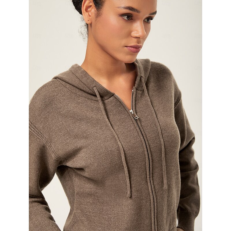 Women's Coffee Brown Hooded Zip-Up Sweater Drop Shoulder Long Sleeve Double-Ended Zipper Casual Stylish Daily Fall2