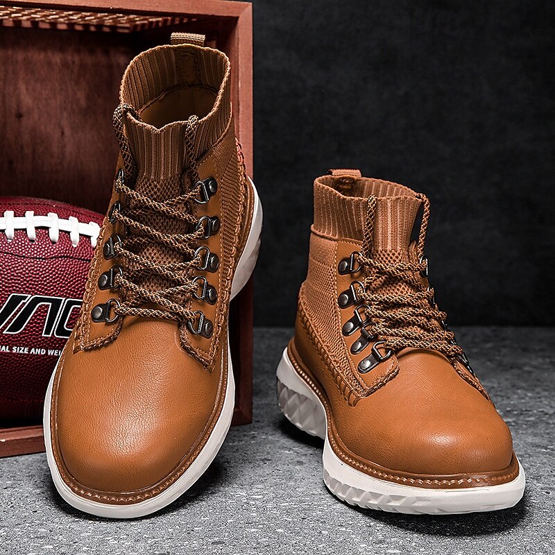 Men's Brown Faux Leather High-Top Sneakers with Knitted Ankle Design – Comfortable Lace-Up Casual Boots for Fall, Winter and Outdoor Streetwear3