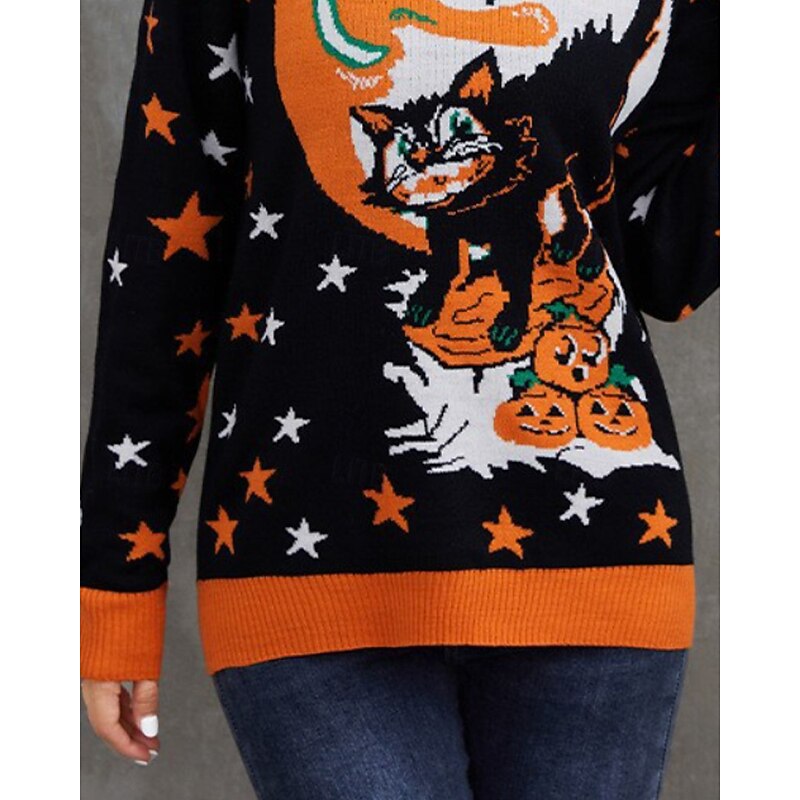 Women's Sweater Pullover Casual Pumpkin Skeleton Ribbed Crew Neck Knitted Print Long Sleeve Regular Tops Knit Halloween Holiday Going out Orange Winter3