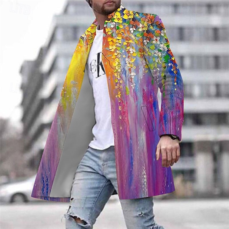 Men's Floral Graphic Prints Winter Coat Overcoat Coat Warm Comfortable Breathable Fashion Streetwear Business Work Wear to work Going out Pocket Print Fall & Winter Turndown Long Sleeve Yellow Purple2