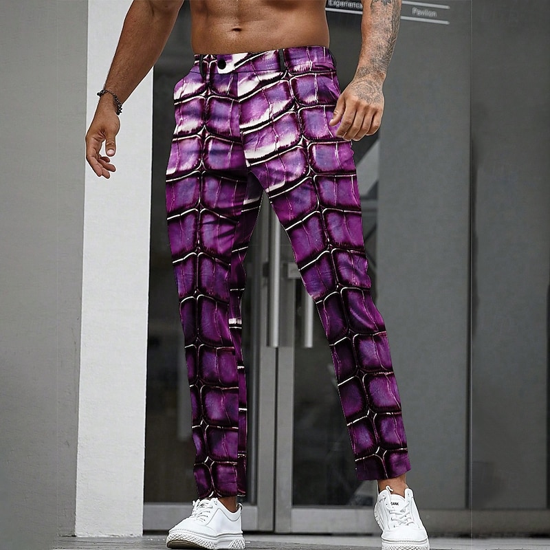 Men's Crocodile Scales Dress Pants Trousers Suit Pants Mid Waist Casual Outdoor Holiday Straight Leg Pants with Pockets Spring Fall 3D Print Purple Orange Green