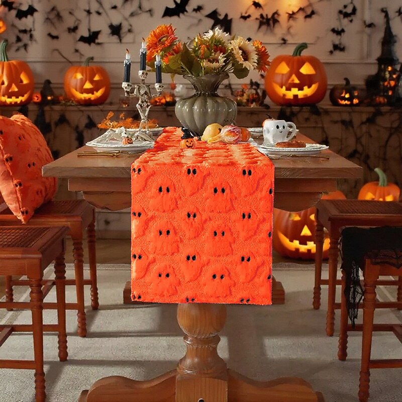 Halloween Table Runner Table Flag with 3D Ghost Embroidery - Black Eye Little Devil PU Faux Fur Decoration, Black White Holiday Tablecloth for Party Dining Decor