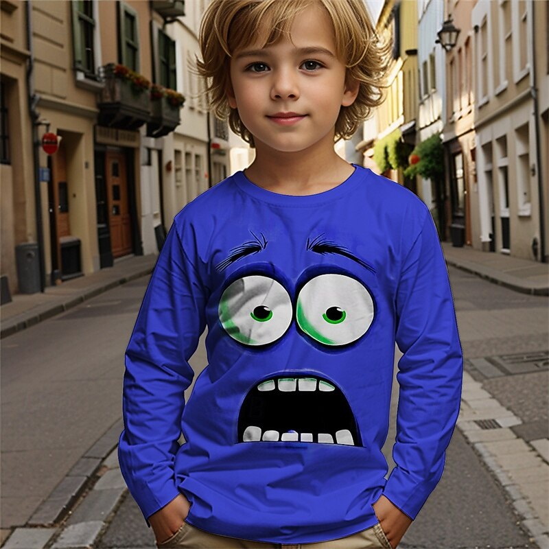 Boys Cartoon Funny Smile Face T shirt Tee Long Sleeve 3D Print Fall Winter Fashion Basic Kids 4-12 Years Crew Neck Outdoor Casual Daily Regular Fit4