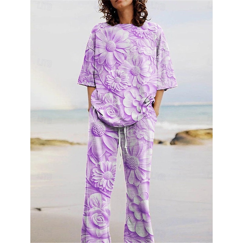 Women's Active Fashion Pants Sets 3/4 Length Sleeve Crew Neck Floral Print Vacation Daily Holiday Blue Purple Khaki Summer Regular Fit