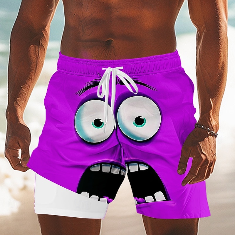 Men's 3D Cartoon Funny Smile Face Lined Shorts 2 in 1 Board Shorts Swim Shorts Mid Waist Hawaiian Holiday Side Pockets With Compression Liner Elastic Drawstring Waist Designer Clothing Apparel3