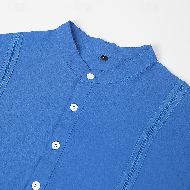 Men's Shirt Linen Shirt Guayabera Shirt Summer Shirt Beach Wear Solid Color Vacation Casual White+khaki White+Navy Blue Green+Khaki Blue+Khaki Short Sleeve Band Collar Summer Spring Clothing Apparel2