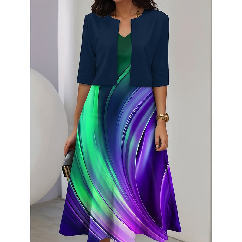 Women's Two Piece Dress Sets Midi Dress with Jacket Elegant A Line Dress Half Sleeve Casual Semi Formal Ombre Graphic Print V Neck Date Light Yellow Sky Blue Purple Regular Fit4