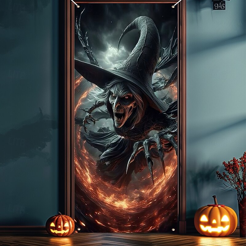 Halloween Door Cover Outdoor Banners Witch 3D Psychedelic Dark Punk Gothic Style Party Outdoor Shooting Backgrounds Front Door Wall Porch Home Decor2