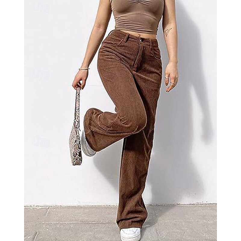 Women's Wide Leg Corduroy Pants Slacks Streetwear Casual Full Length Natural Plain Pocket Elastic Waist Soft Street Holiday Daily Wear Dark-Gray Dark Brown Black Army Green Fall Regular Fit2