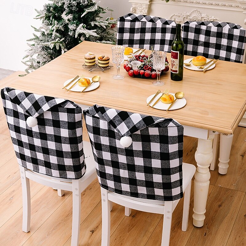 2Pcs Christmas Chair Covers Black and White Plaid , Holiday Home Decor Chair Slipcovers, Festive Checkered Chair Covers4