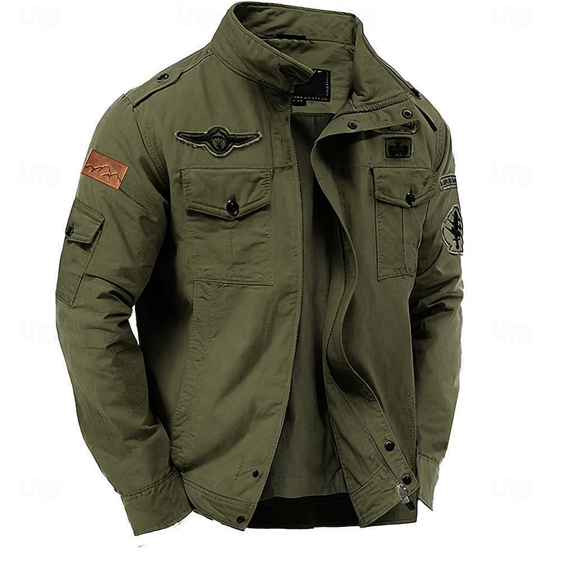 Men's Cotton Embroidered Military Jacket Windbreaker with Shoulder Straps Long Sleeve Standing Collar Multi-Pockets Trucker Jacket Mountain Print Tactical Outerwear