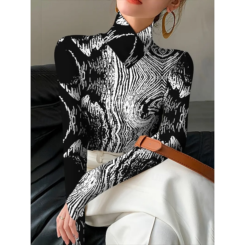 Women's T Shirt Graphic Texture Elegant Vintage Stylish Long Sleeve Turtleneck High Neck Asymmetric Neck Regular Tops Daily Print Tiered Black Blue Spring Fall Winter4