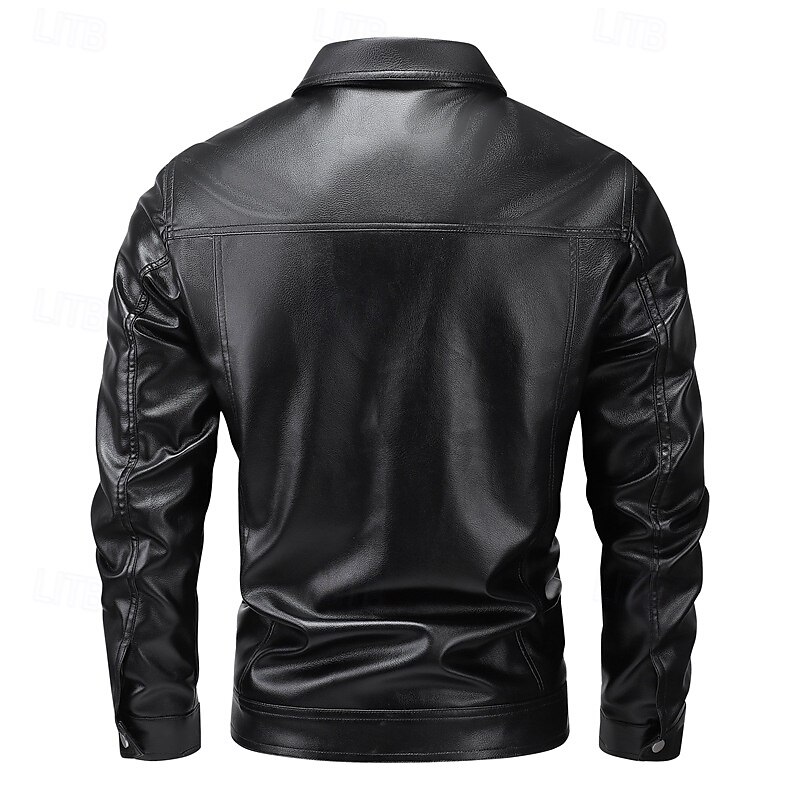 Men's Faux Leather Jacket Motorcycle Jacket Outdoor Casual Windbreaker Minimalist Fall Solid Color Punk Active Regular Black Khaki Jacket2