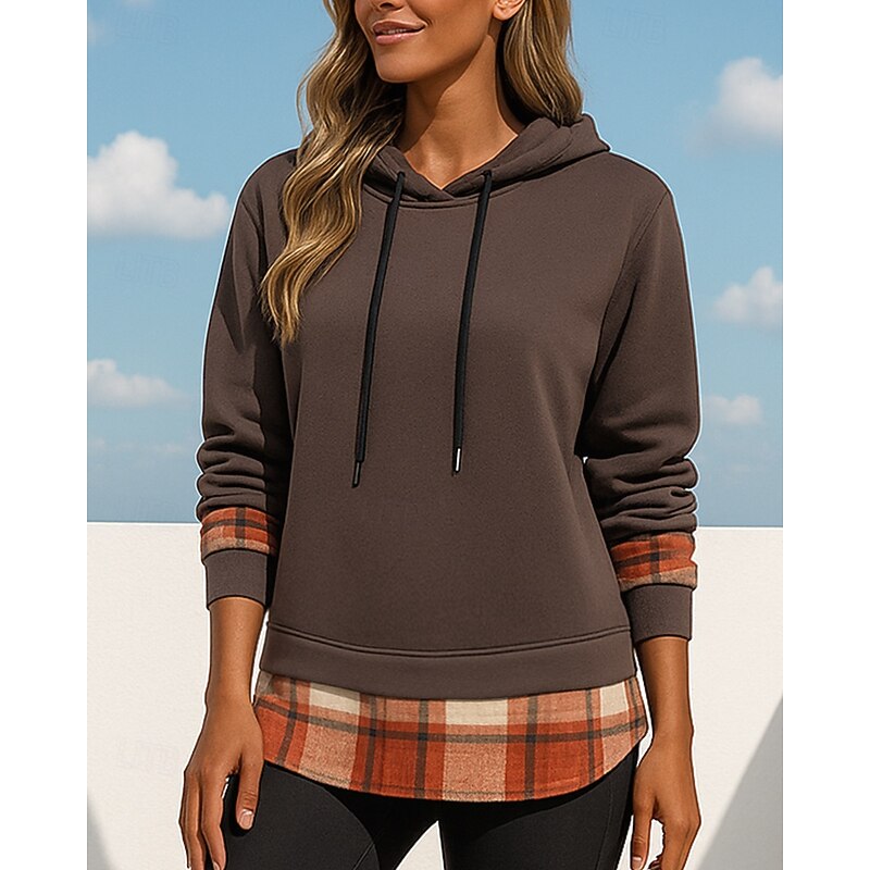 Women's Pullover Sweatshirt Hoodie Trackshirt Long Sleeve Top Athleisure Fall Plaid Checkered Fashion Workout Outdoor Training Sportswear Activewear Black Green Khaki