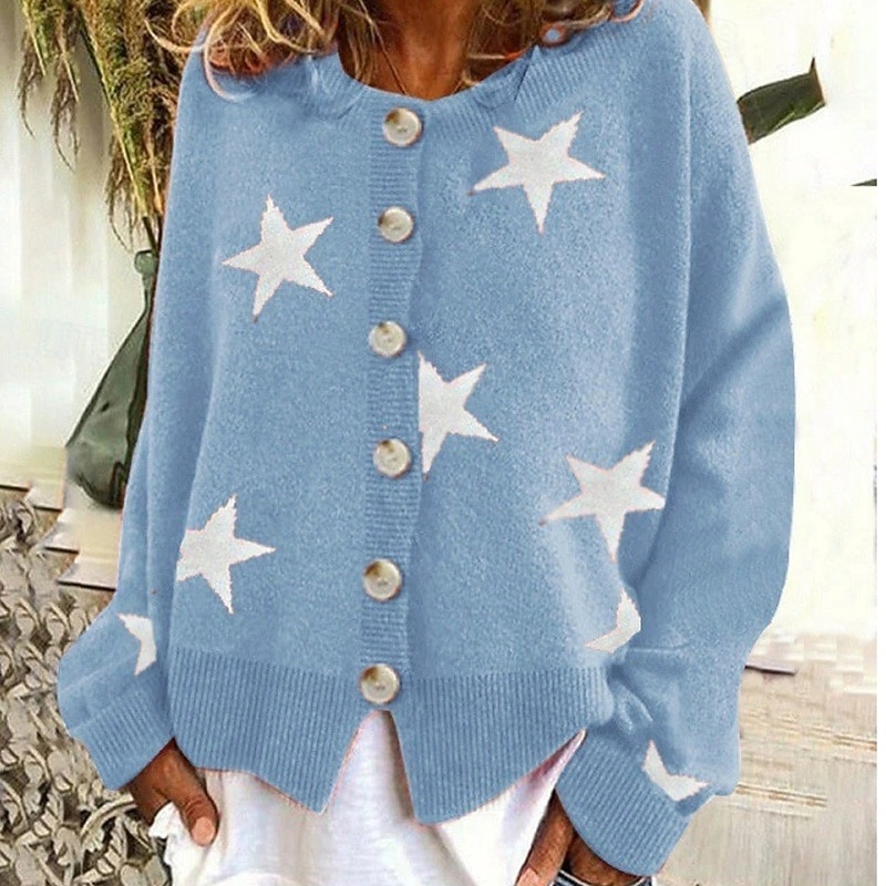 Women's Sweater Cardigan Fashion Graphic Star Ribbed Crew Neck Buttons Knitted Long Sleeve Regular Tops Knit Holiday Going out Weekend Black Blue Winter3