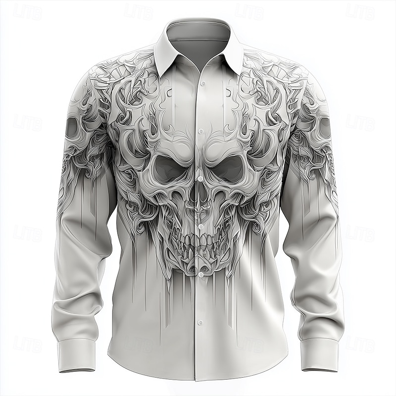 Halloween Men's Skull Skeleton Death Shirt Button Up Shirt Long Sleeve Dark Punk Gothic Style Outdoor Holiday Summer Spring Turndown 3D Print Collared Shirts White 1 White2