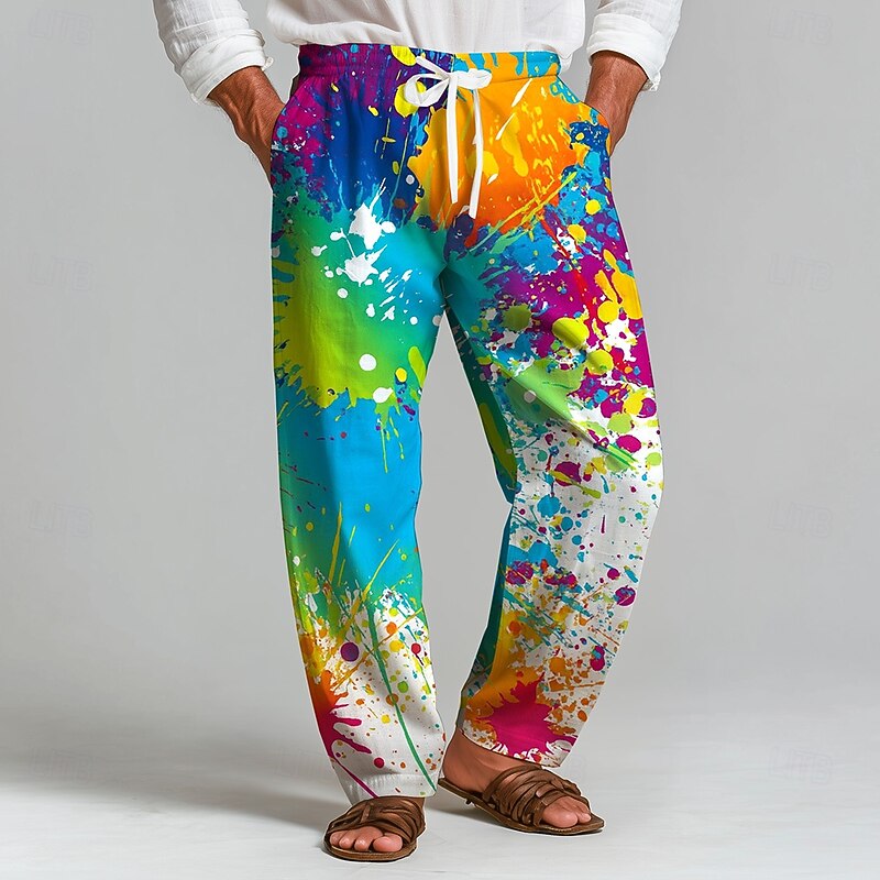 Men's Colorful Ink Painting Trousers Baggy Pants Casual Pants Mid Waist Fashion Outdoor Vacation Home Elastic Drawstring Waist Linen-Like Pants with Pockets Spring Fall 3D Print Blue Orange