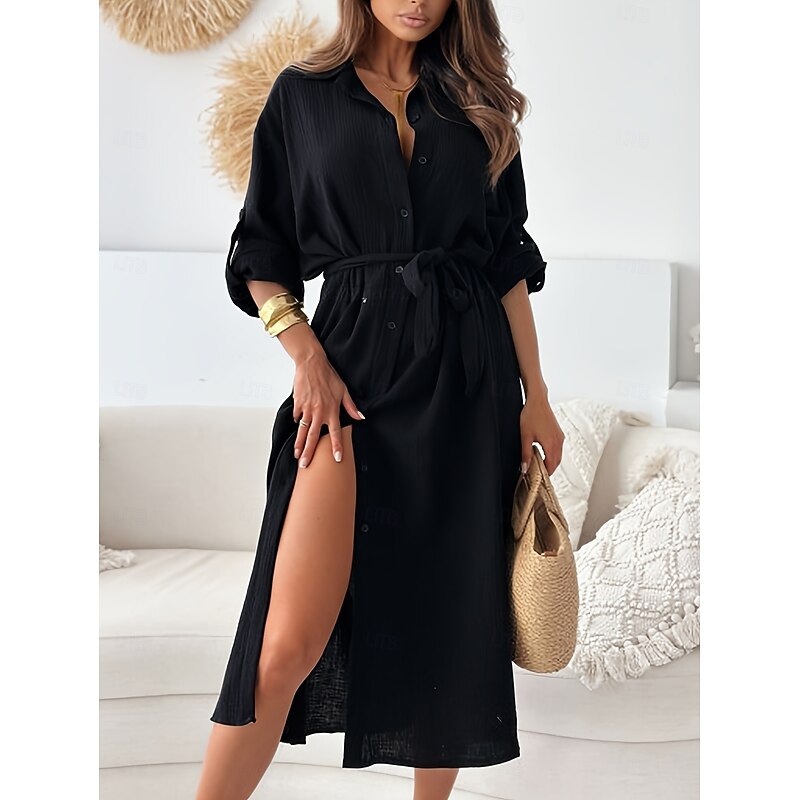 Women's Midi Dress Shirt Dress Elegant Daily Going out Regular Fit Pure Color Long Sleeve V Neck Black White Fall2