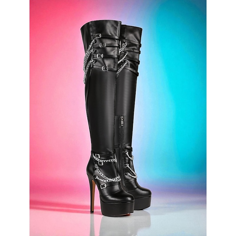 Women's Black Faux Leather Over-the-Knee Platform Boots with Chains and Buckles – Sexy Punk Style Stiletto Heel Boots for Stage Performance, Night Out, and Daily Edgy Fashion