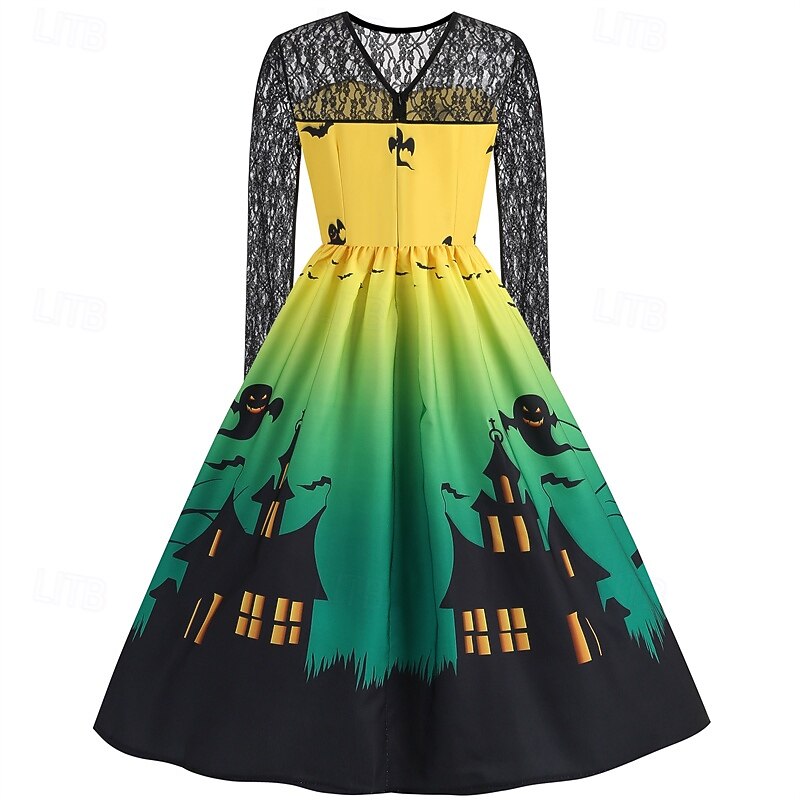 Women's Mini Dress Lace Dress Swing Dress Print Dress Fashion Modern Halloween Daily Beach Regular Fit Pumpkin Long Sleeve Crew Neck Yellow Spring Fall3