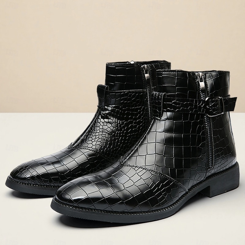 Men's Black Crocodile Pattern Side-Zip Boots, Faux Leather Punk Style Shoes for Night Out and Concerts