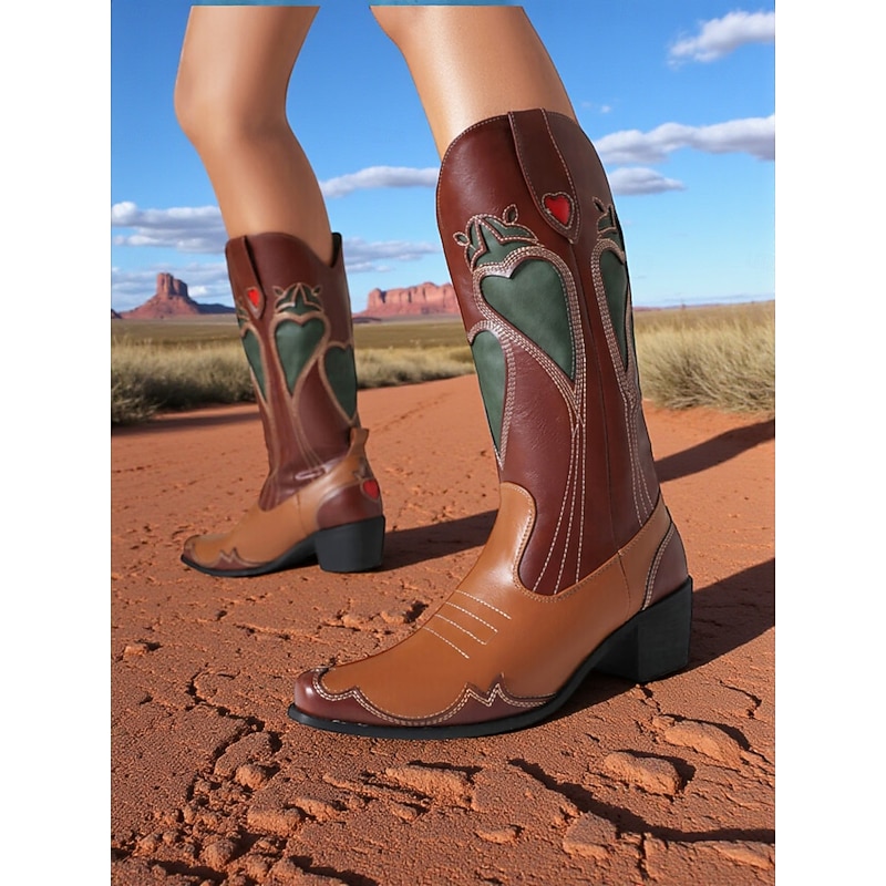 Women's Brown & Tan Cowboy Boots with Heart Detailing -Chic Western Style Footwear for Urban Fashion