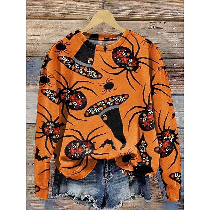 Halloween Women's Sweatshirts Bat Graphic Fashion Casual Long Sleeve Crew Neck Regular Tops Street Dailywear Casual Print Black Yellow Pink Fuchsia Orange Fall Winter4