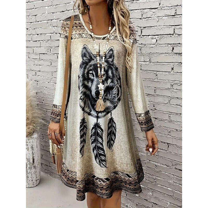 Women's Mini Dress T Shirt Dress Tee Dress Sundress A Line Dress Casual Daily Going out Regular Fit Graphic Tribal Long Sleeve Crew Neck Camel Fall Winter