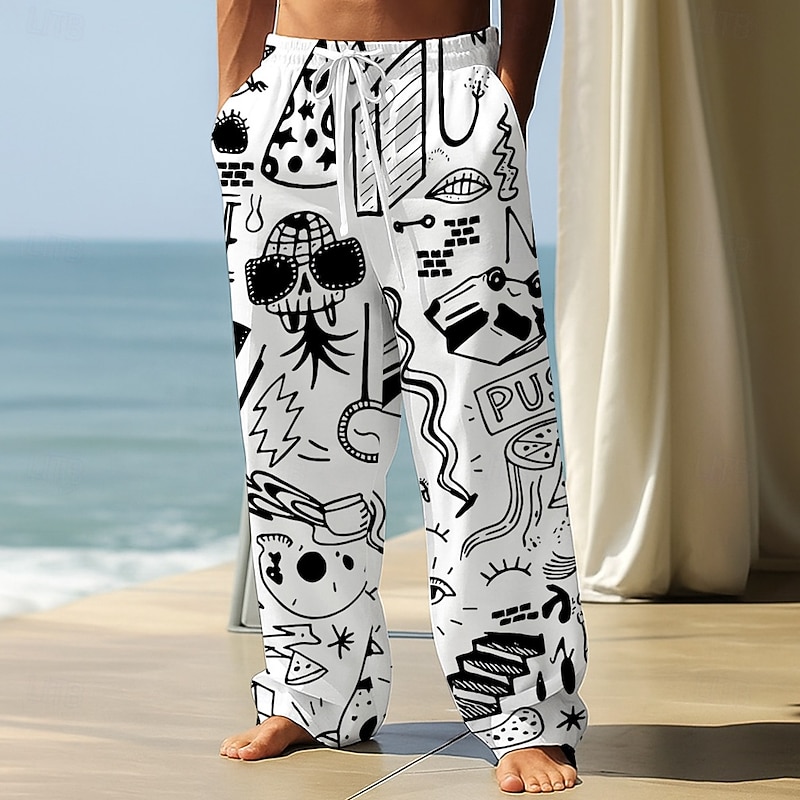 Men's Stick Figure Trousers Baggy Pants Casual Pants Mid Waist Vintage Retro Outdoor Vacation Streetwear Elastic Drawstring Waist Linen-Like Pants with Pockets Spring Fall 3D Print Black White Pink