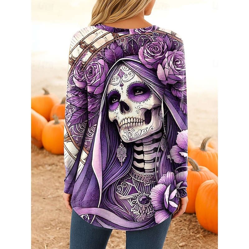 Halloween Women's T Shirt Skulls Graphic Vintage Stylish Casual Long Sleeve Crew Neck Long Tops Daily Print Red Purple Orange Khaki Spring Fall2
