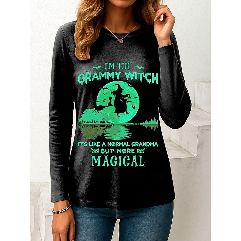 Halloween Women's T shirt Witch Long Sleeve Graphic Letter Vintage Fashion Stylish Long Sleeve Crew Neck Regular Tops Daily Weekend Print White Purple Orange Green Spring Fall Winter Prefall3