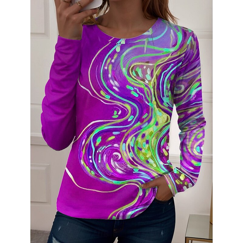 Women's T Shirt Graphic Geometric Vintage Stylish Casual Long Sleeve Crew Neck Regular Tops Daily Print Red Blue Purple Green Summer Spring Fall2