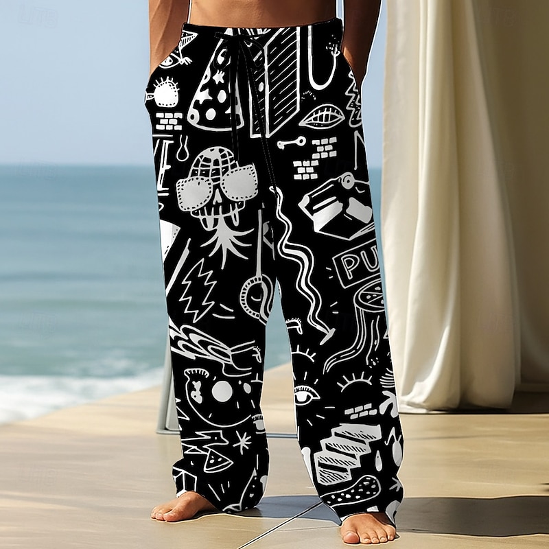 Men's Stick Figure Trousers Baggy Pants Casual Pants Mid Waist Vintage Retro Outdoor Vacation Streetwear Elastic Drawstring Waist Linen-Like Pants with Pockets Spring Fall 3D Print Black White Pink2