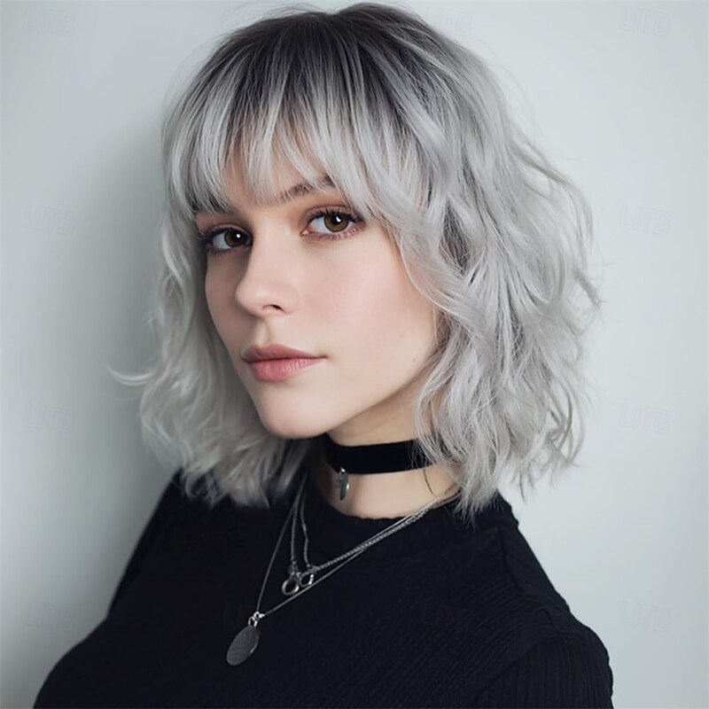 Short Silver Wigs for Women Ombre Grey Wavy Bob Wig with Bangs Medium Length Synthetic Hair Water Wave Dark Roots Wig Gray Colorful Wigs