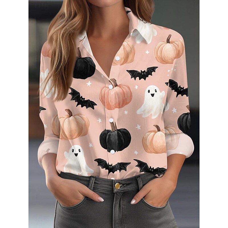 Halloween Women's Shirt Ghost Graphic Pumpkin Elegant Vintage Tropical Long Sleeve Bishop Sleeve Shirt Collar Regular Tops Daily Holiday Print Black Pink Orange Summer Spring Fall3