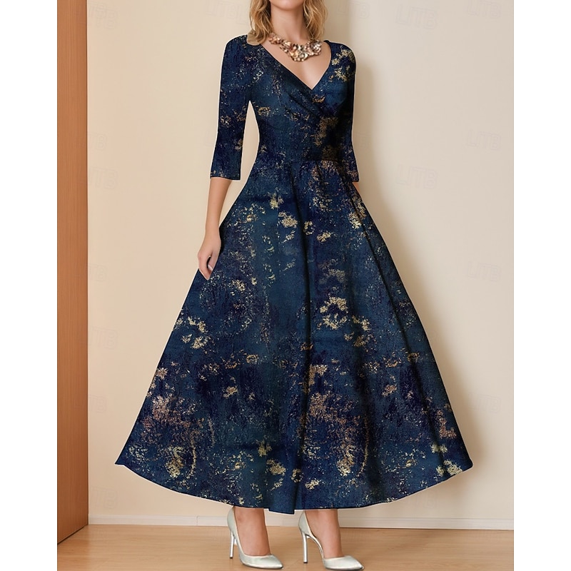 Rust Jacquard A-Line Cocktail Dresses Elegant Dress Formal Wedding Floor Length 3/4 Length Sleeve V Neck Satin with Pleats Ruched4
