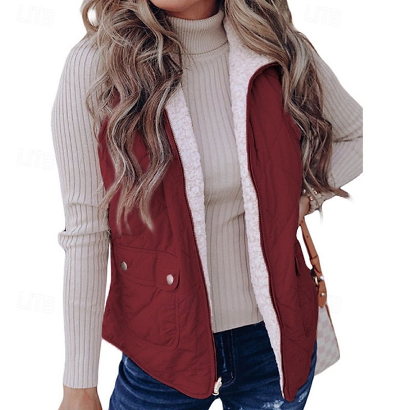 Women's Vest Warm Comfortable Patchwork Zipper Pocket Casual Plain Street Casual Daily Zipper Regular Turndown Regular Fit Sleeveless Outerwear Black Pink Wine Fall Winter4