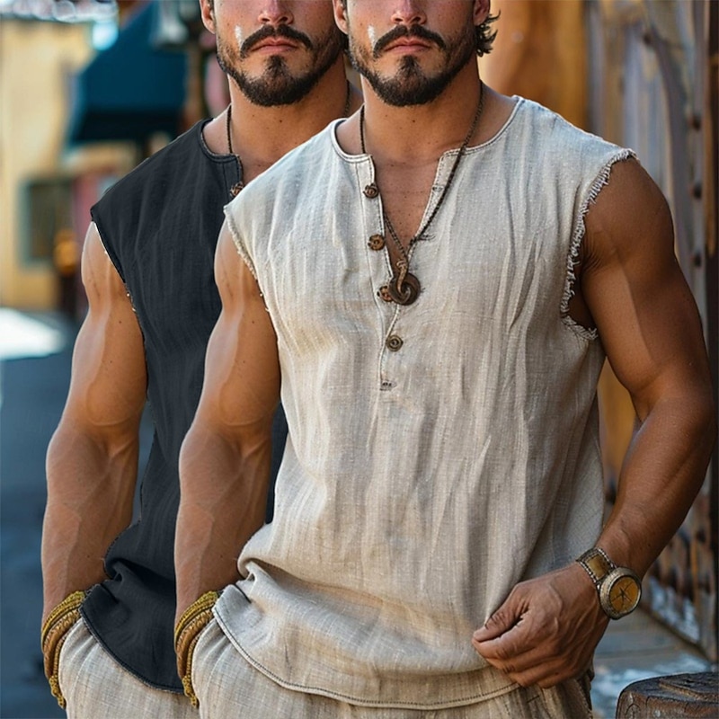 Men's Henley Shirt Vest Top Linen Tank Top Sleeveless Shirt Sleeveless Henley Summer Plain Fashion Designer Bohemian 2 Piece Vacation Casual Going out White+khaki Black+ Khaki Blue+Khaki Top Tee for2