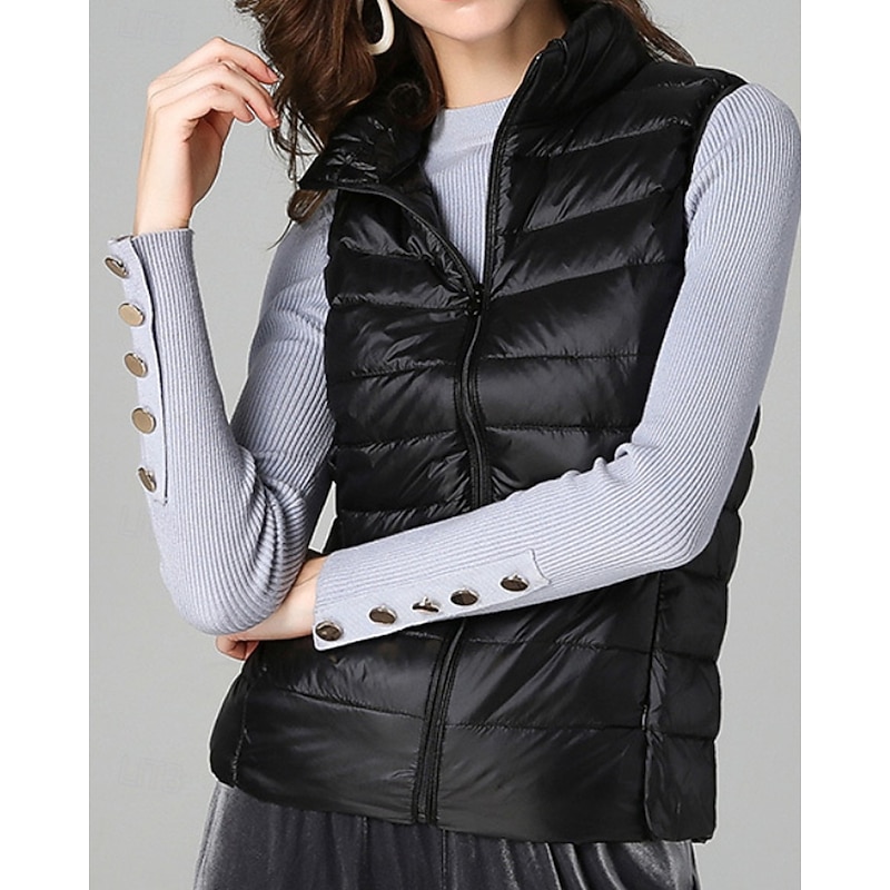 Women's Vest Warm Comfortable Zipper Pocket Fashion Plain Outdoor Vacation Zipper Regular Stand Collar Regular Fit Sleeveless Outerwear Black White Purple Fall Winter