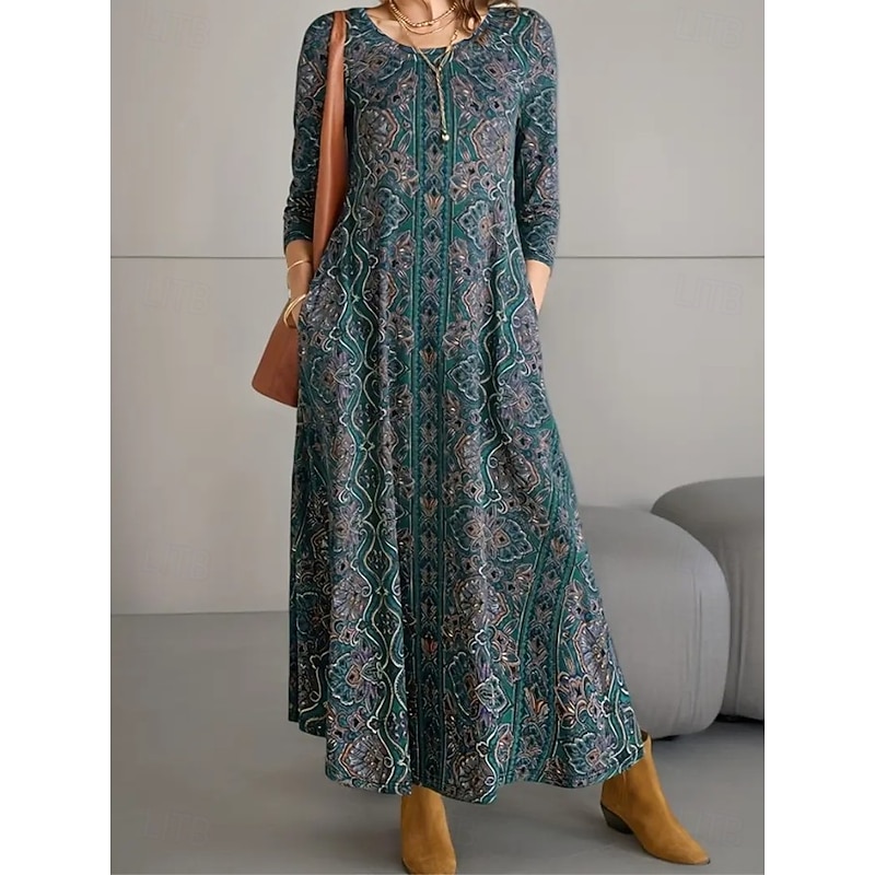 Women's Maxi Dress A Line Dress Summer Dress Vacation Casual Boho Daily Regular Fit Graphic Geometric Long Sleeve Crew Neck Blue Summer Spring Fall Winter