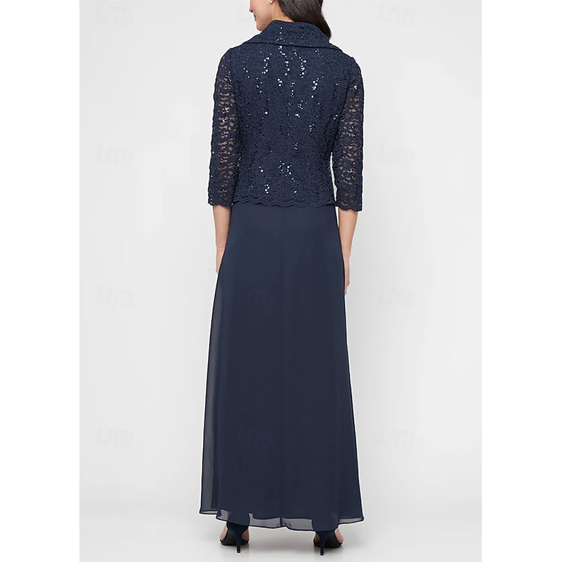 A-Line Mother of the Bride Dress Portrait Collar Elegant Simple Minimalist V Neck Floor Length Chiffon Sequin Lace 3/4 Length Sleeve with Scalloped Hem3