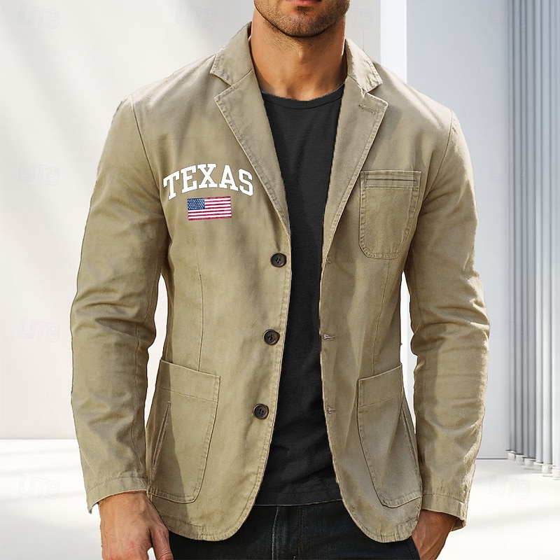 Men's Print Texas US Flag Blazer Cotton Suit Jacket Suits Coat Casual Outdoor Dailywear Multiple Pockets Three Button Stripe Lined Suit Jacket Fall Winter Notch lapel collar Long Sleeve Black khaki