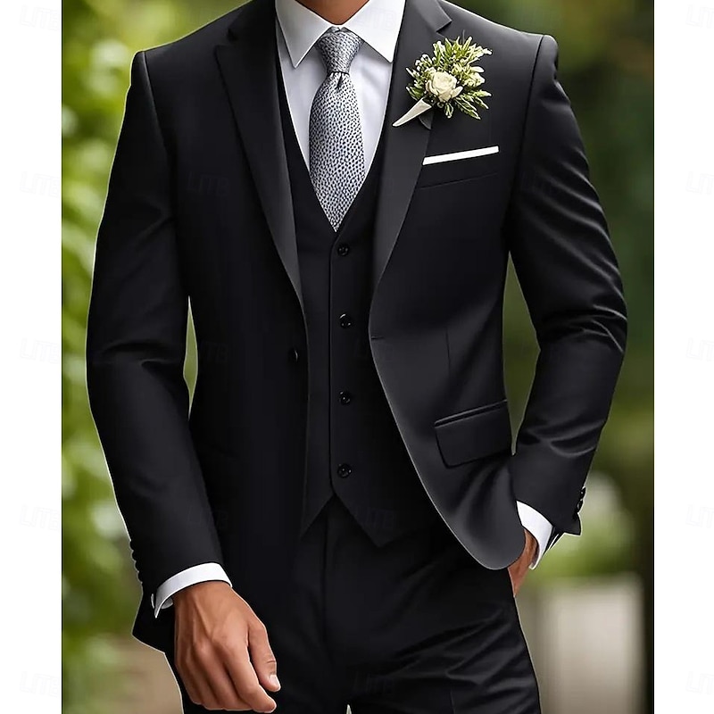 Men's Wedding Business Party Suits Notch Lapel Black Casual Formal Solid Colored Slim Fit 3 Piece Single Breasted One-button