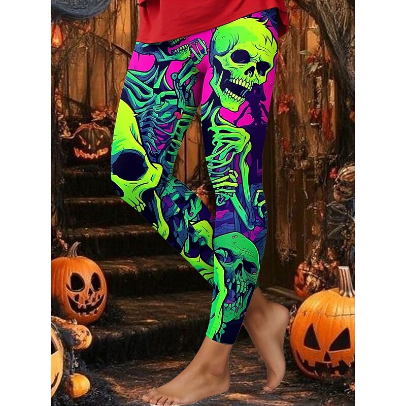 Women's Leggings Vacation Vintage Fashion Ankle-Length High WaistPantsHalloween Graphic Skull Halloween Printing Soft Breathable Stretchy Vacation Street Causal White Blue Green Khaki Spring Fall3